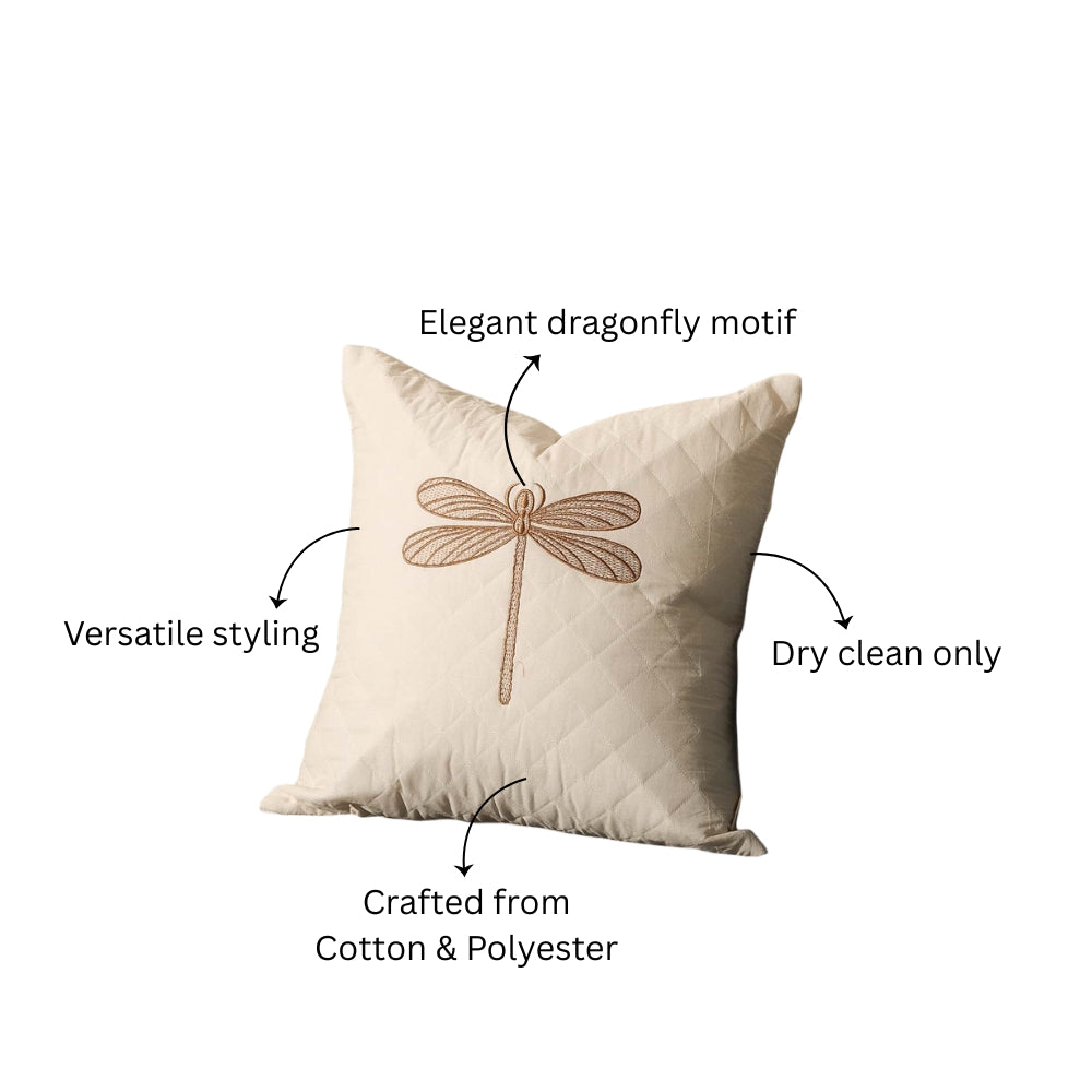 Dragonfly Embroidered & Quilted Cushion Cover 45x45cm - Gold White