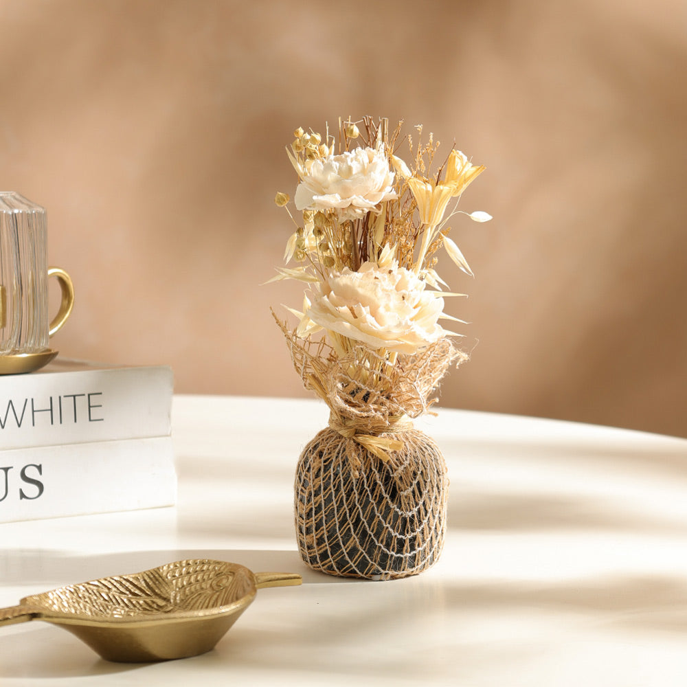 Dried Sola Bouquet in Ceramic Vase - Cream Black