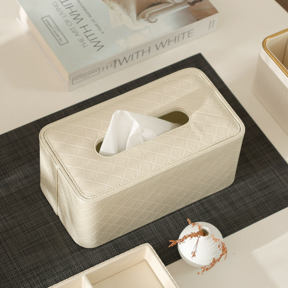 Damas Quilted High Tissue Box Holder - Pearl Ivory