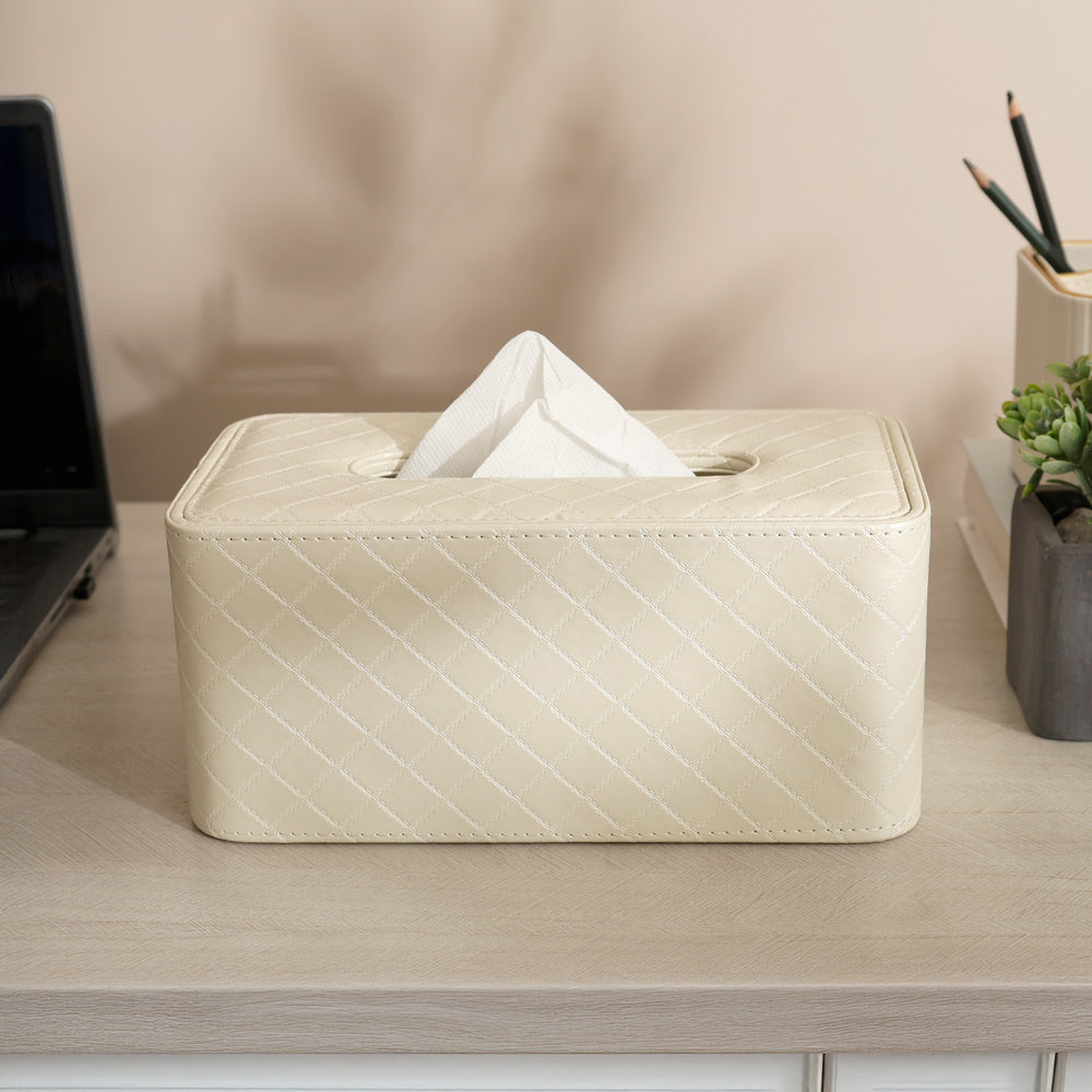 Damas Quilted High Tissue Box Holder - Pearl Ivory