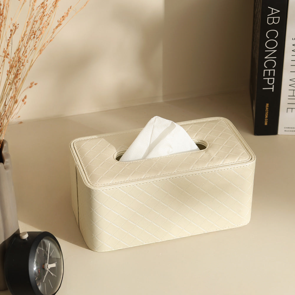 Damas Quilted High Tissue Box Holder - Pearl Ivory