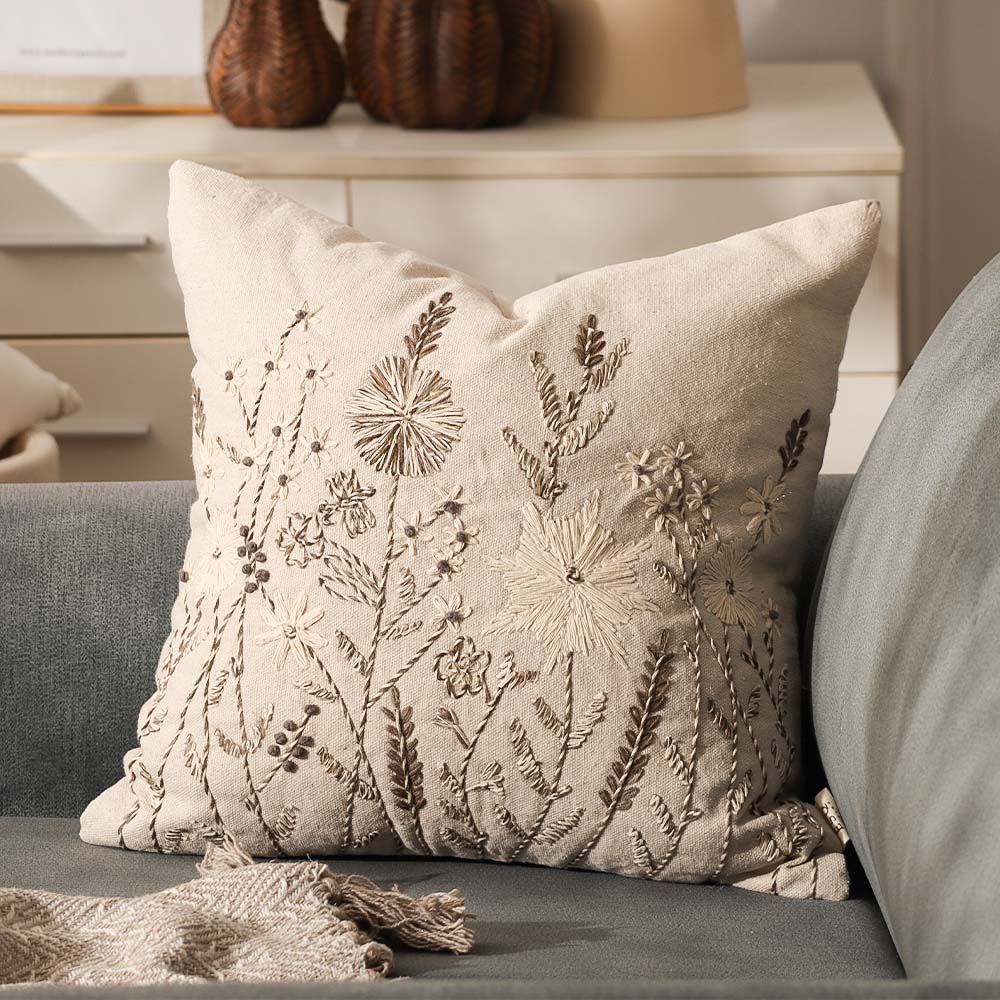 Dusk Meadow Embroidered Cushion Cover 45x45cm - Olive Beige
