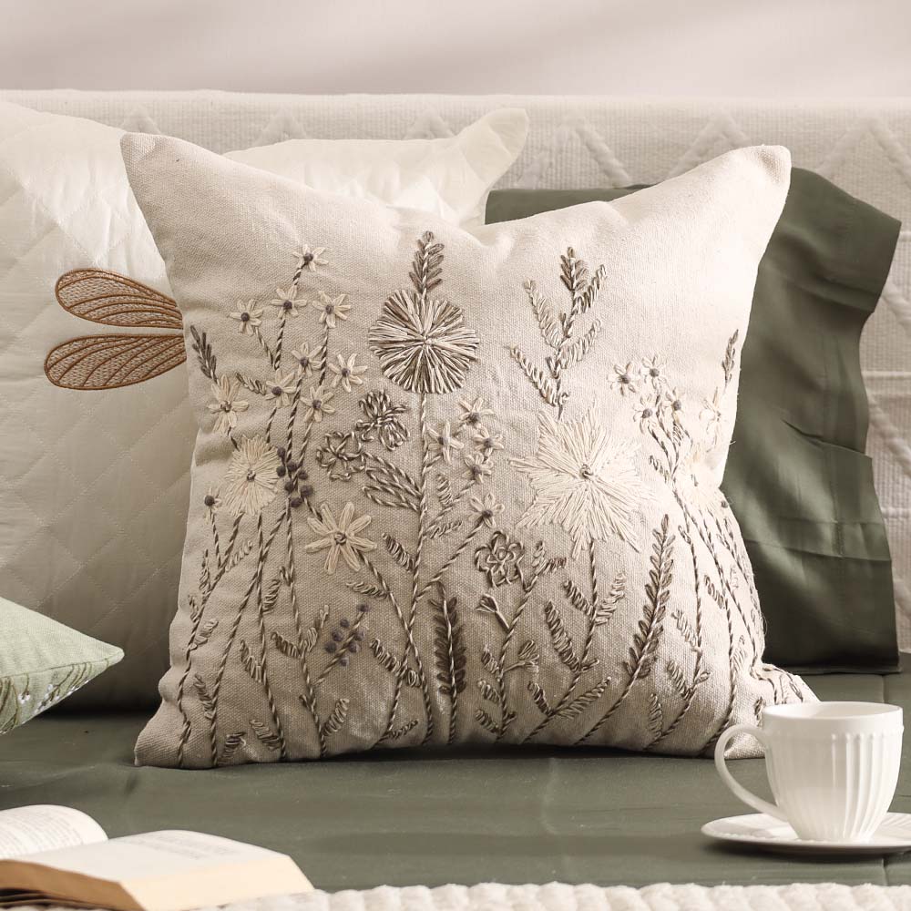 Dusk Meadow Embroidered Cushion Cover 45x45cm - Olive Beige
