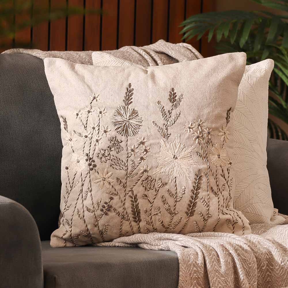 Dusk Meadow Embroidered Cushion Cover 45x45cm - Olive Beige