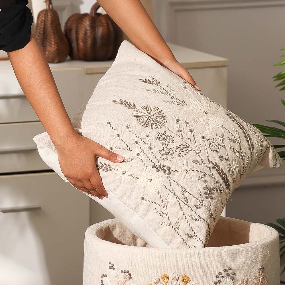 Dusk Meadow Embroidered Cushion Cover 45x45cm - Olive Beige