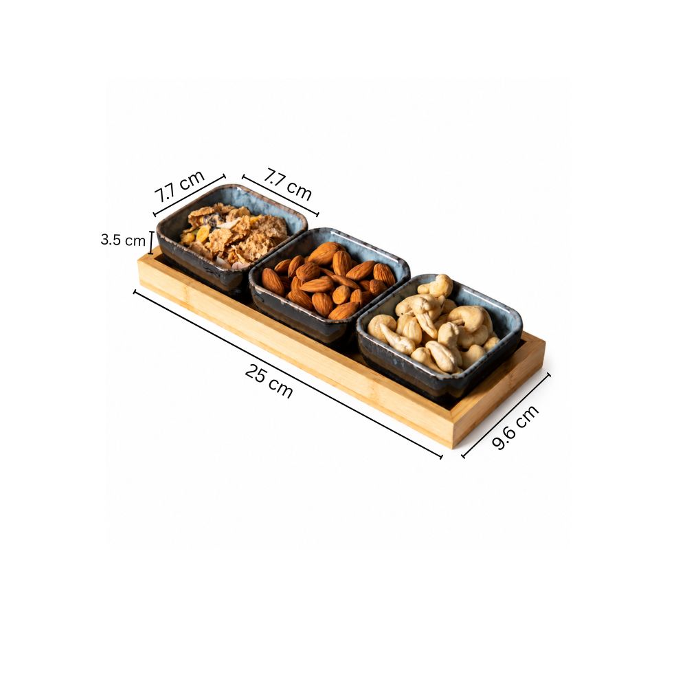 Island Small Serving Bowls with Wooden Tray, Set of 3