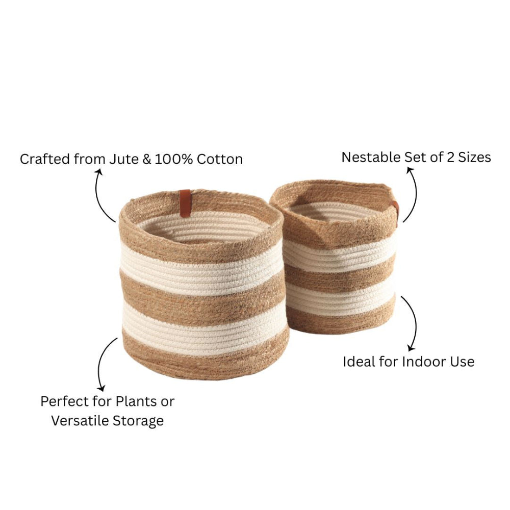 Cotton & Jute Barrel Planters, Set of 2 - Natural Cream