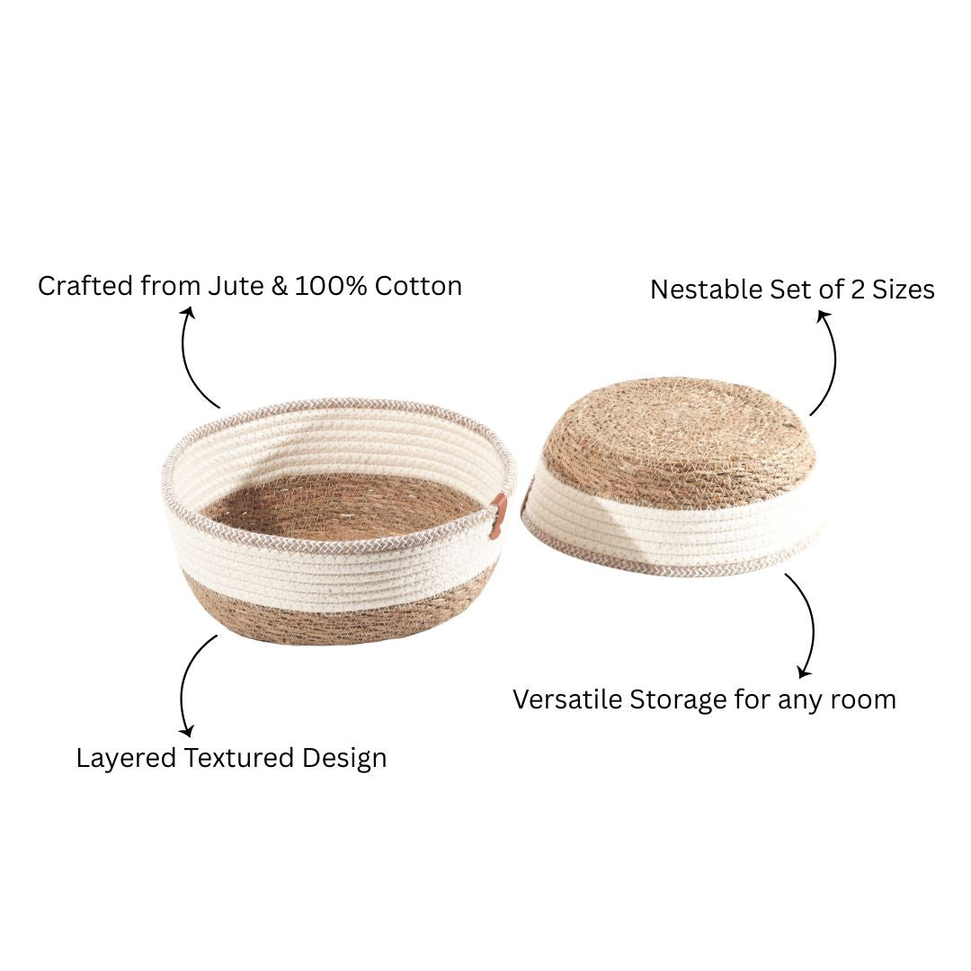 Cotton & Jute Round Storage Baskets, Set of 2 - Natural Cream