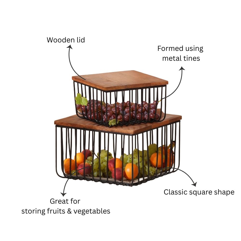 Stackable Square Wire Baskets with Lids, Set of 2 - Black