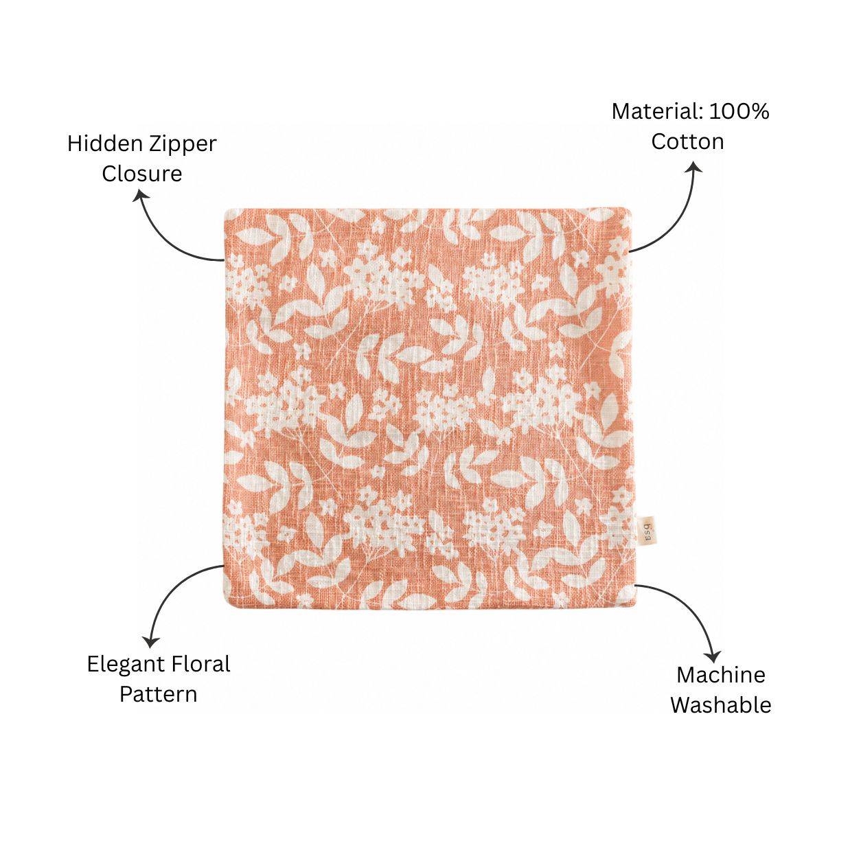 Magnolia Printed Cotton Cushion Cover 45x45cm - Peach White