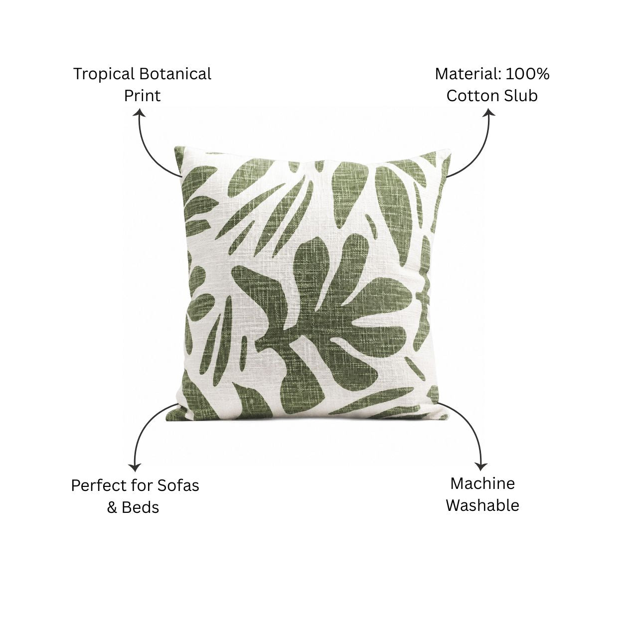 Tropical Printed Cotton Cushion Cover 45x45cm - Green White