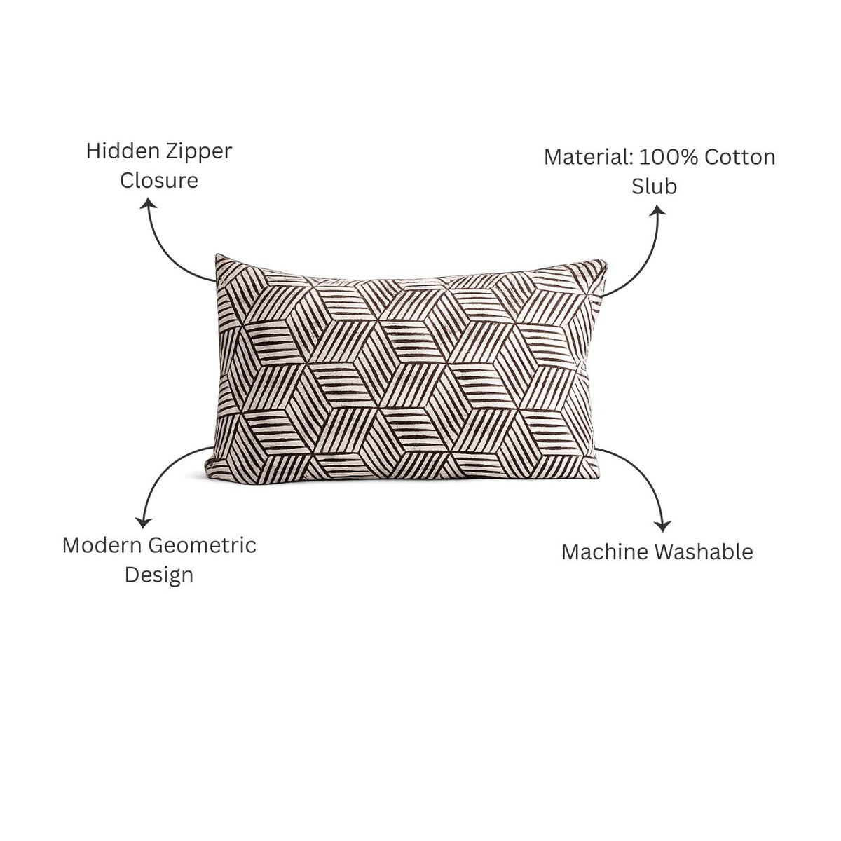 Cubes Rectangular Printed Cotton Cushion Cover 50x30cm - Grey White