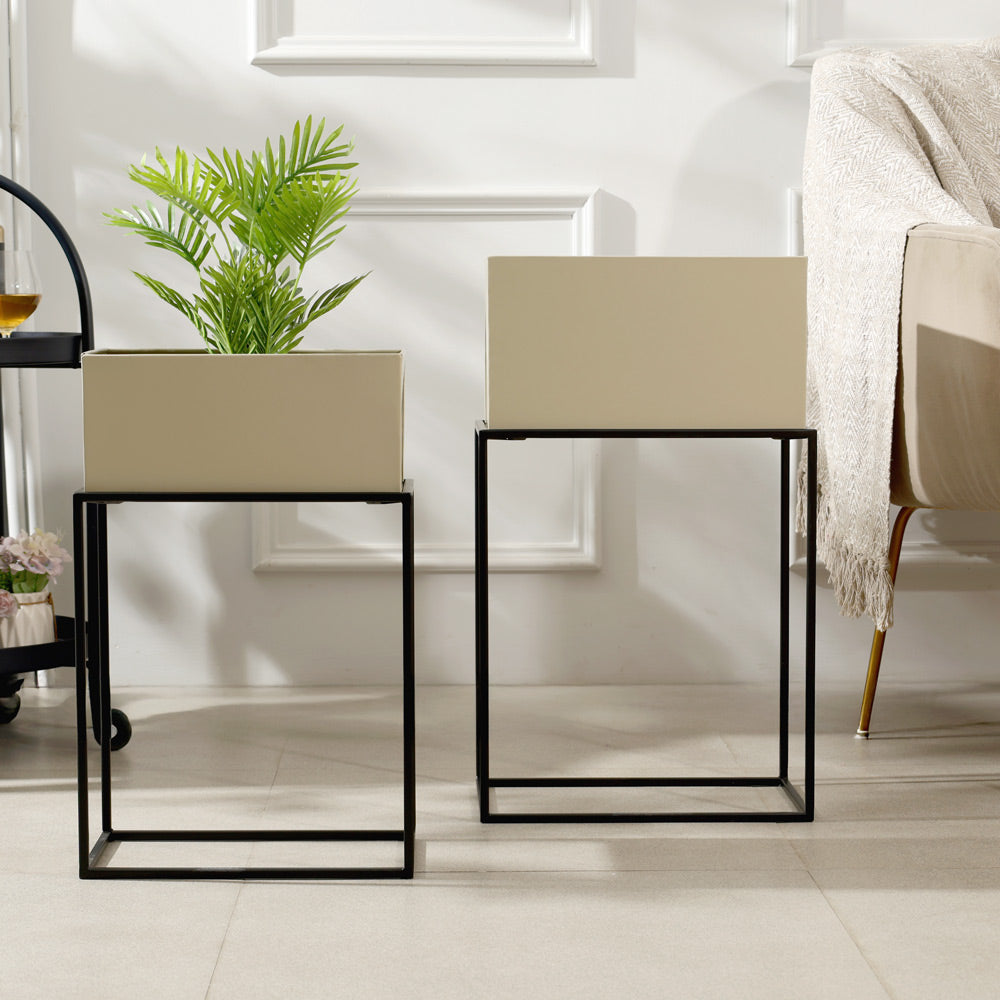 Eden Rectangular Planters with Stands, Set of 2 - Beige Black