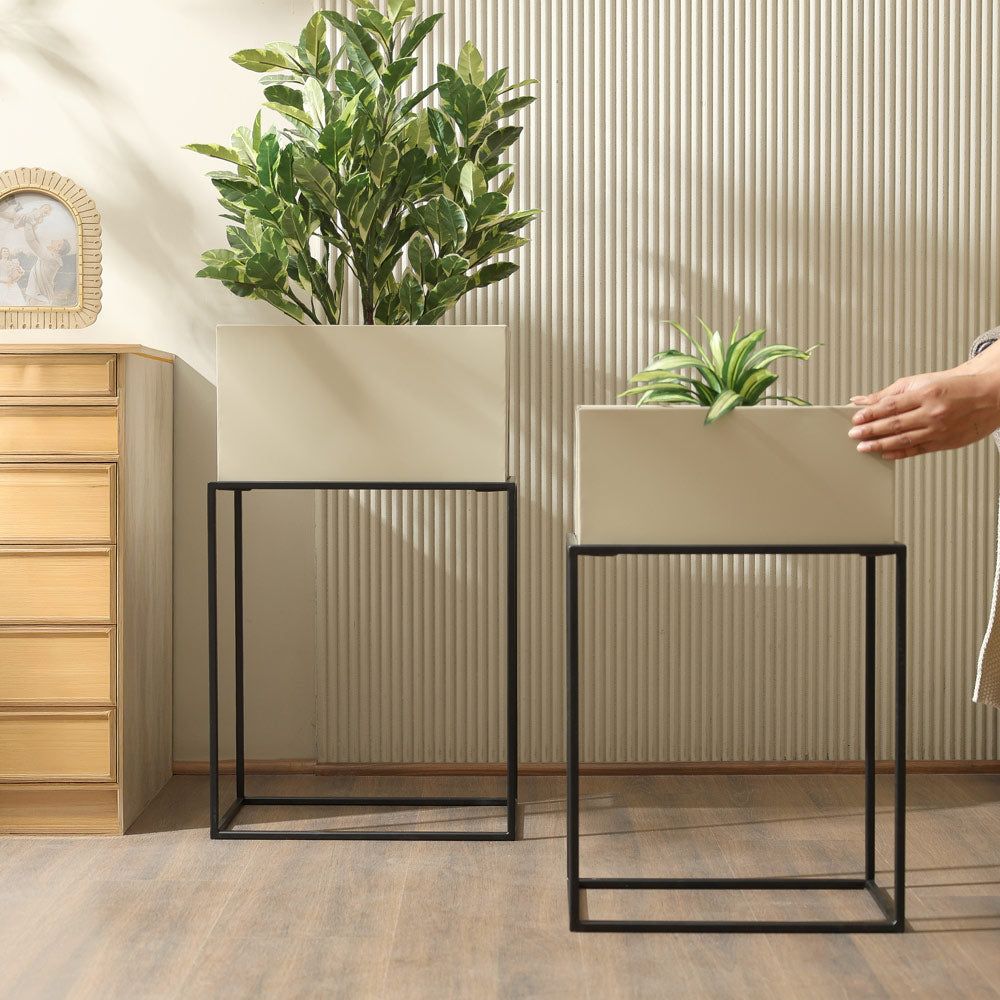 Eden Rectangular Planters with Stands, Set of 2 - Beige Black