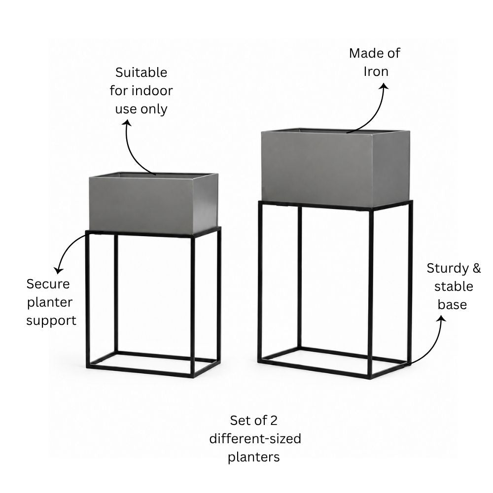 Eden Rectangular Planters with Stands, Set of 2 - Grey Black