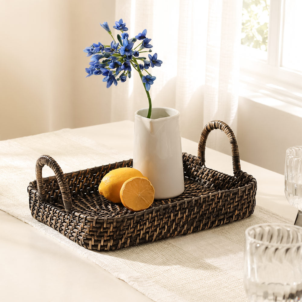 Elara Rattan Rectangular Serving Tray Medium - Rustic Black