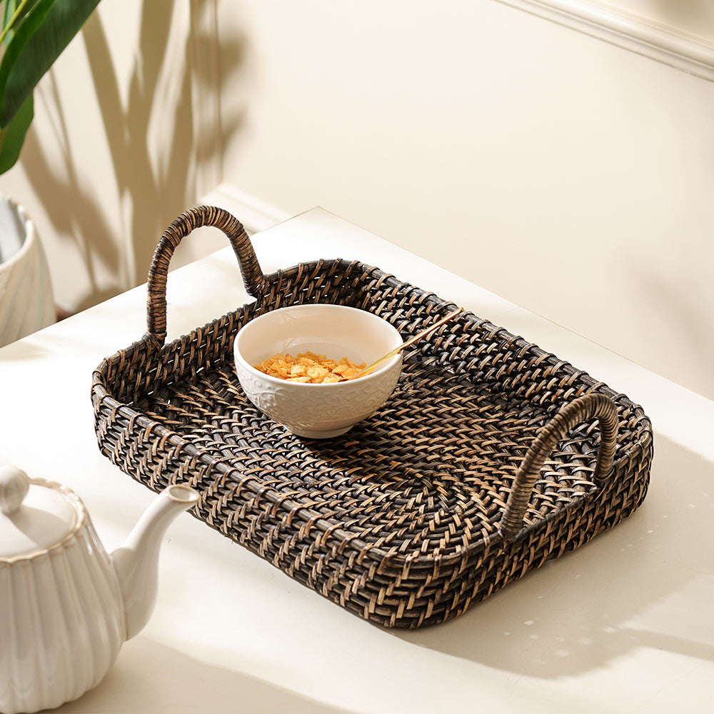 Elara Rattan Rectangular Serving Tray Medium - Rustic Black