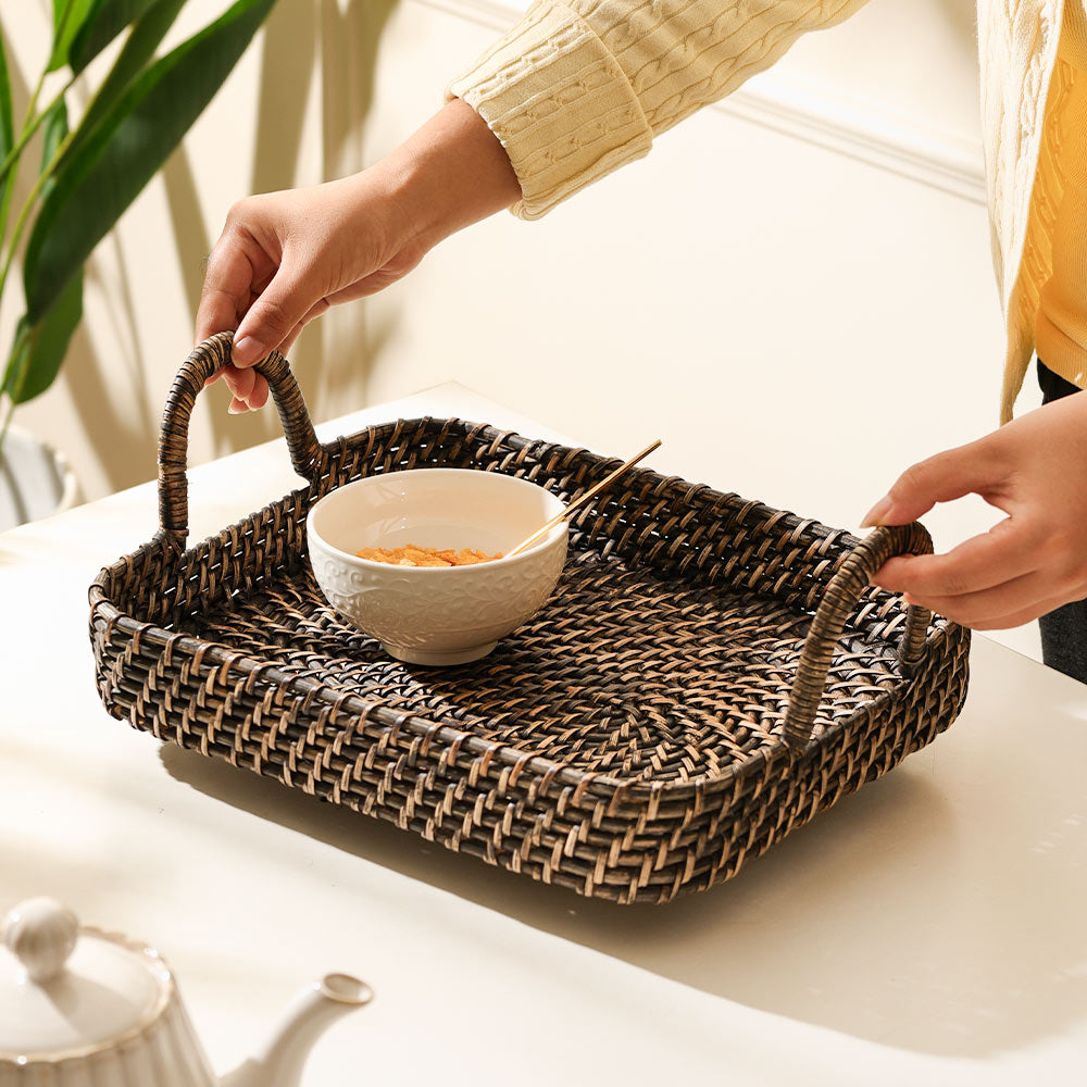 Elara Rattan Rectangular Serving Tray Medium - Rustic Black