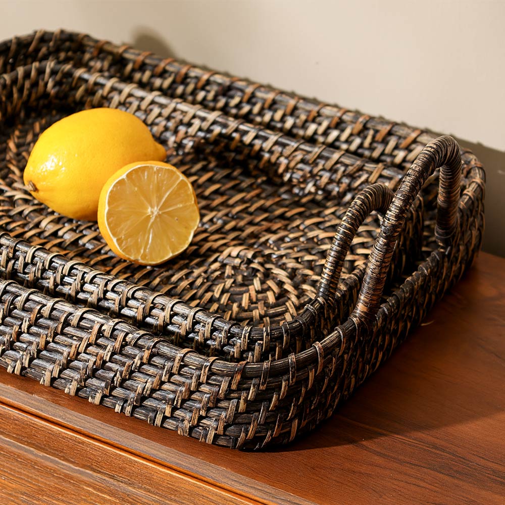 Elara Rattan Rectangular Serving Tray Medium - Rustic Black