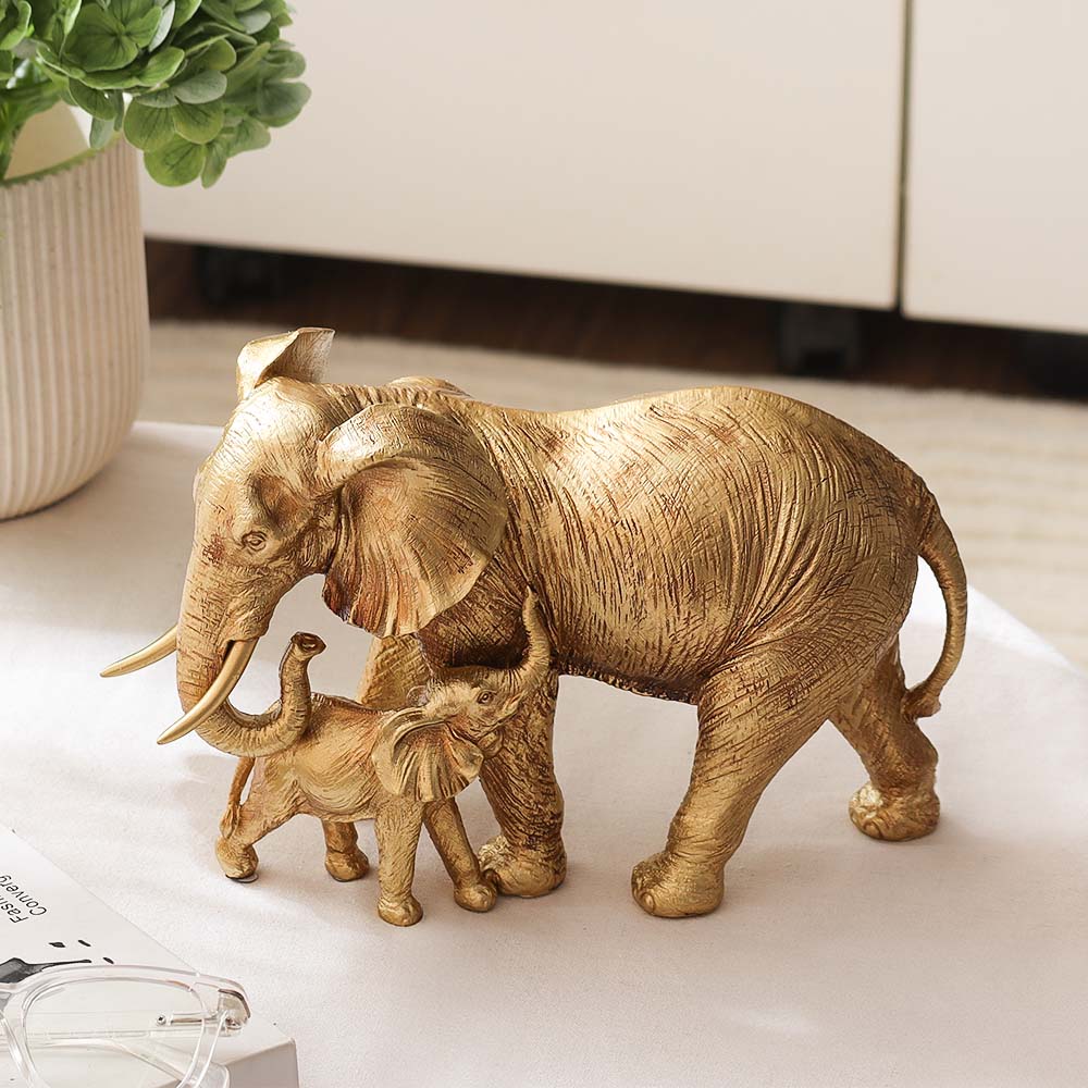 Elephant Mother and Calf Sculpture Medium - Gold