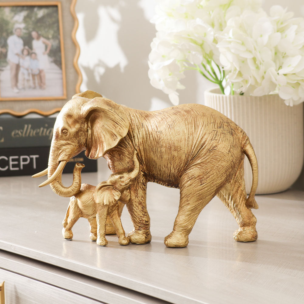 Elephant Mother and Calf Sculpture Medium - Gold
