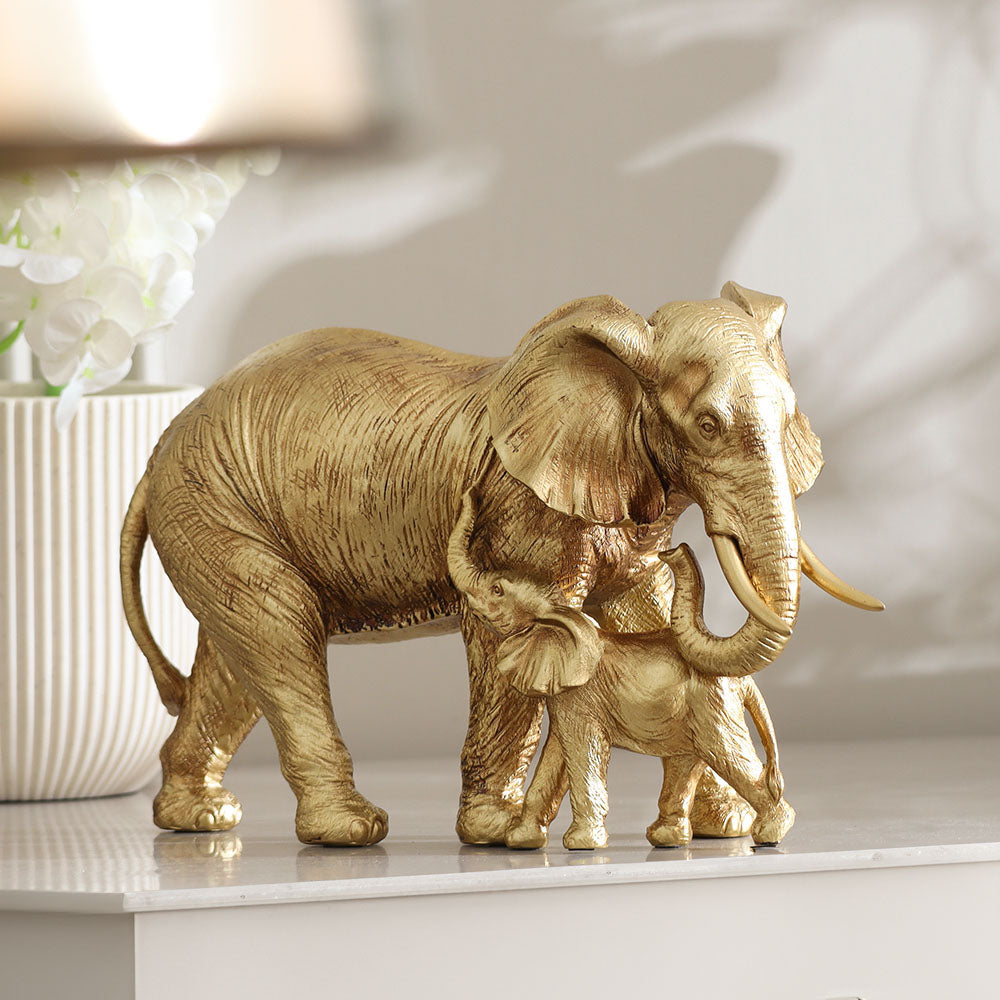 Elephant Mother and Calf Sculpture Medium - Gold
