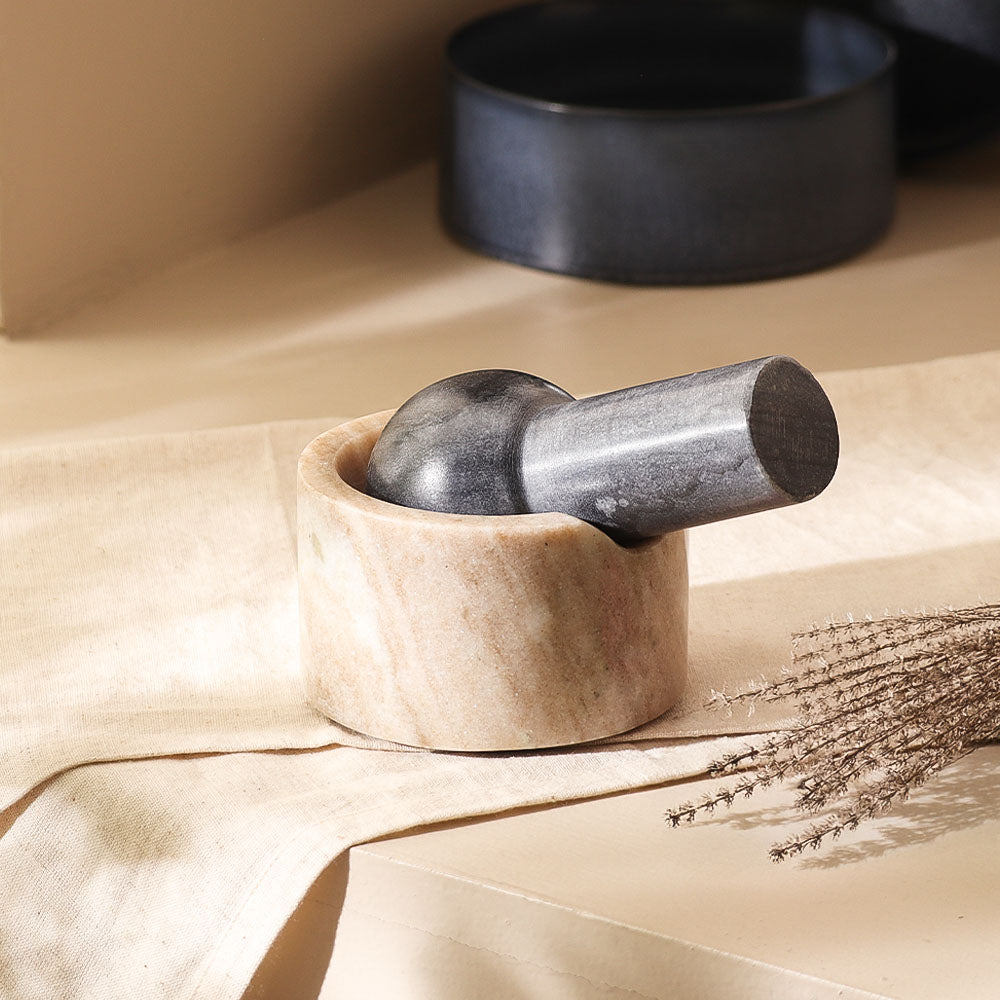 Ellis Marble Mortar and Pestle Set - Beige Black