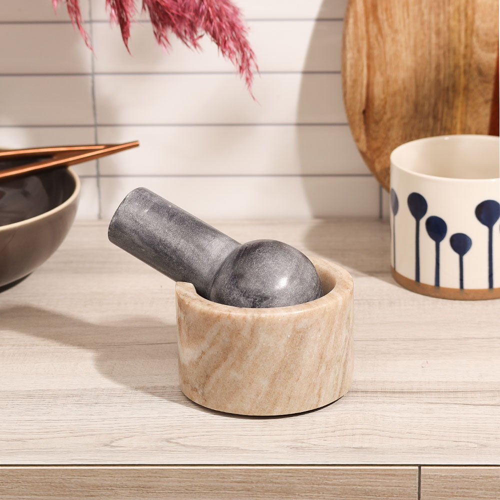Ellis Marble Mortar and Pestle Set - Beige Black