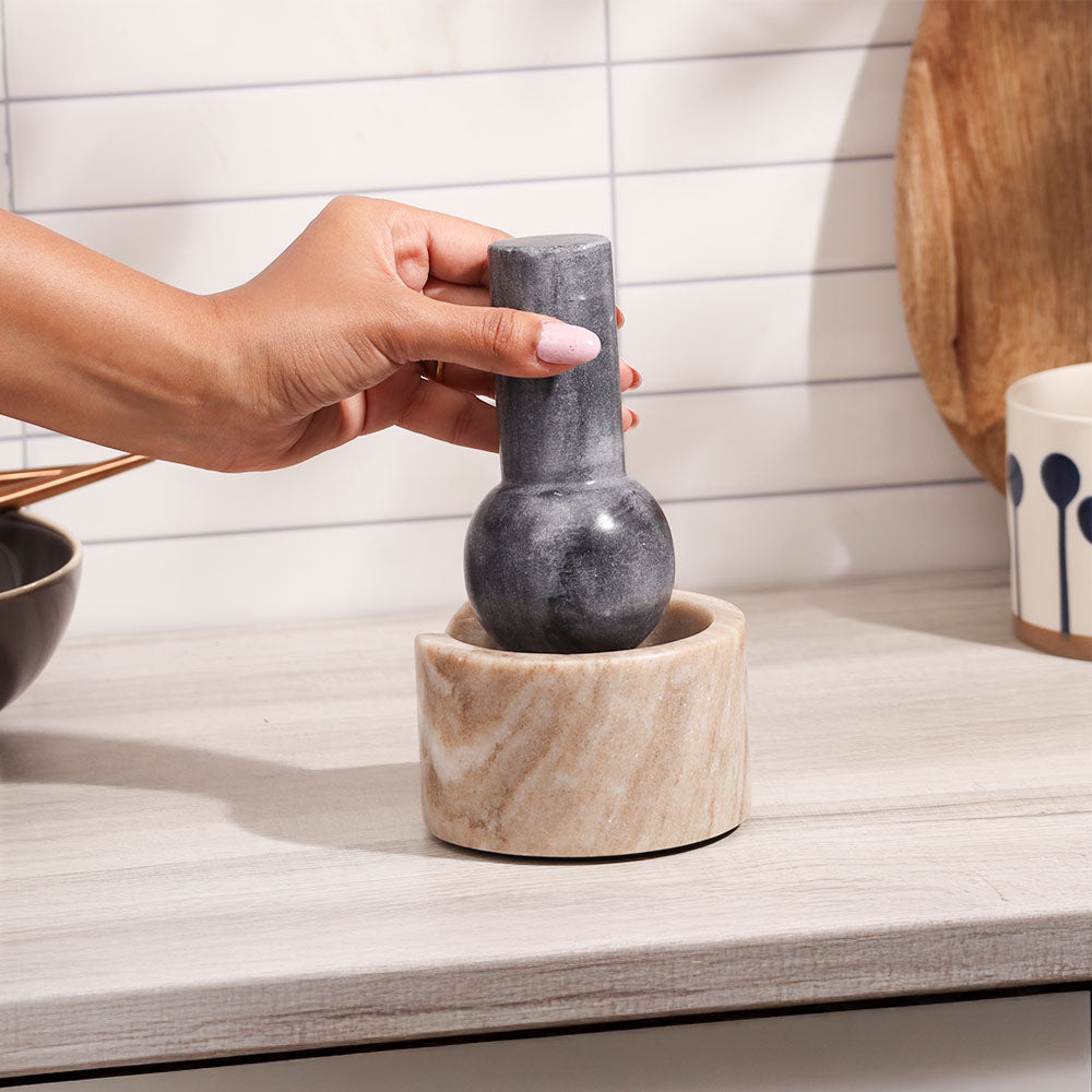 Ellis Marble Mortar and Pestle Set - Beige Black