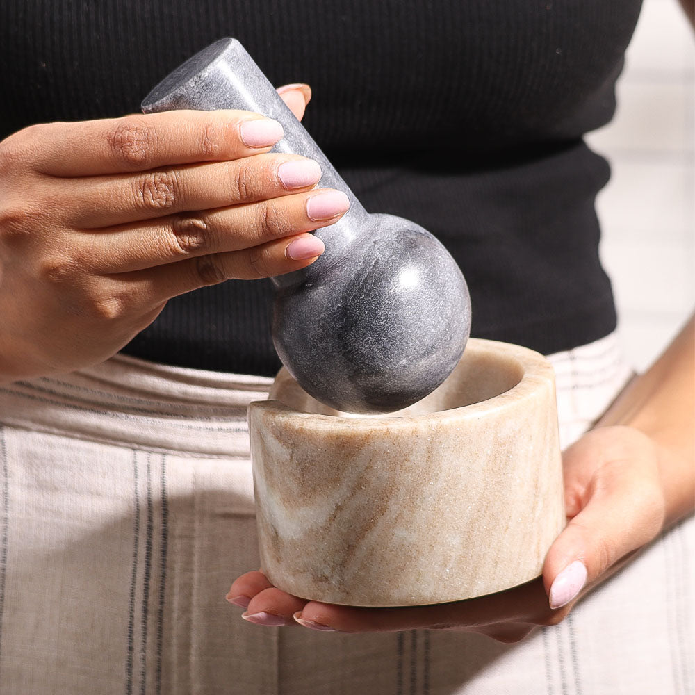 Ellis Marble Mortar and Pestle Set - Beige Black