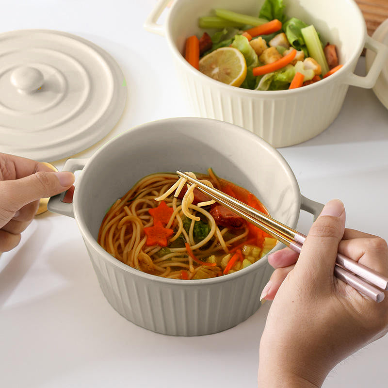 Vida Ceramic Fluted Serving Pot with Lid - Beige