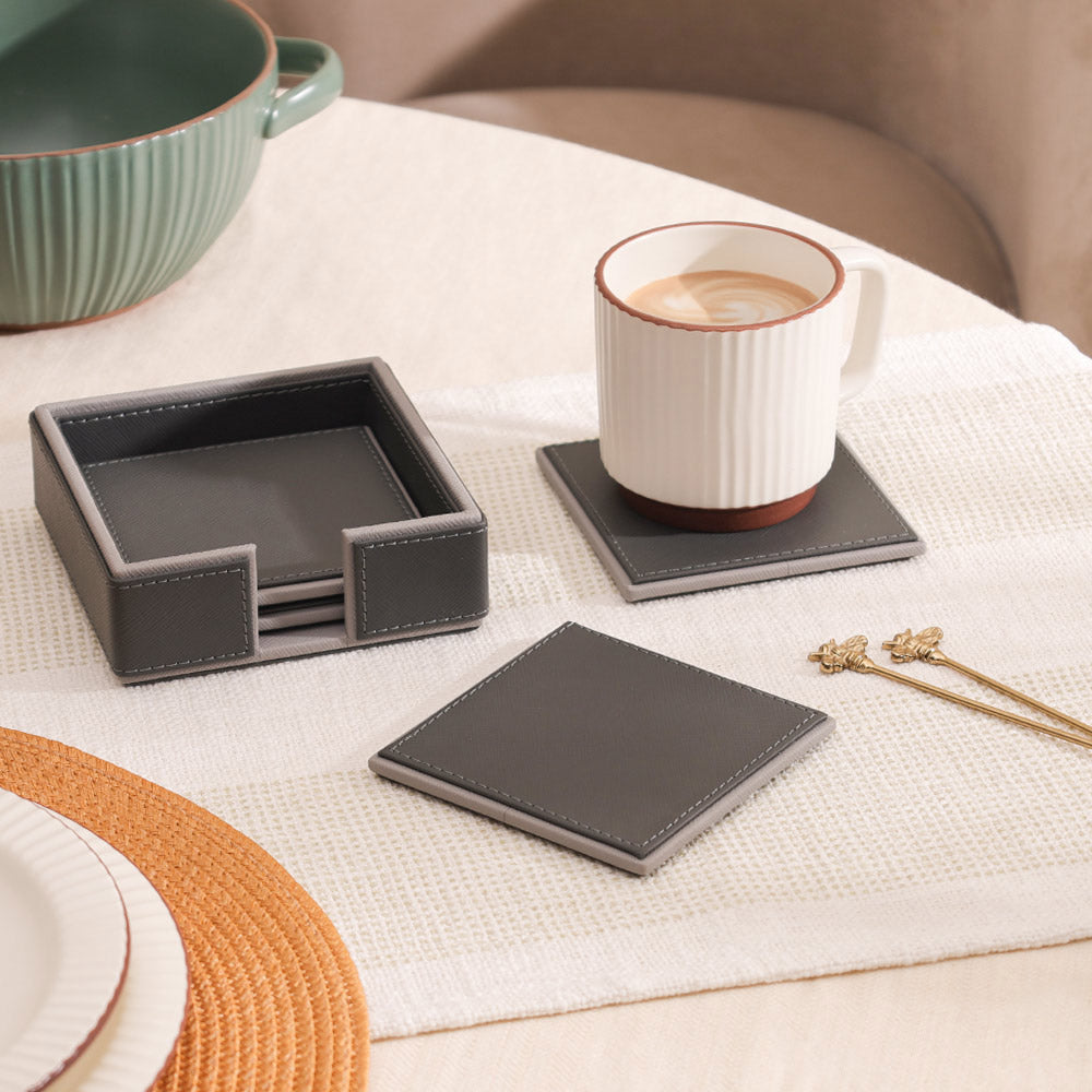 Espra Square Coasters with Holder, Set of 4 - Dark Grey