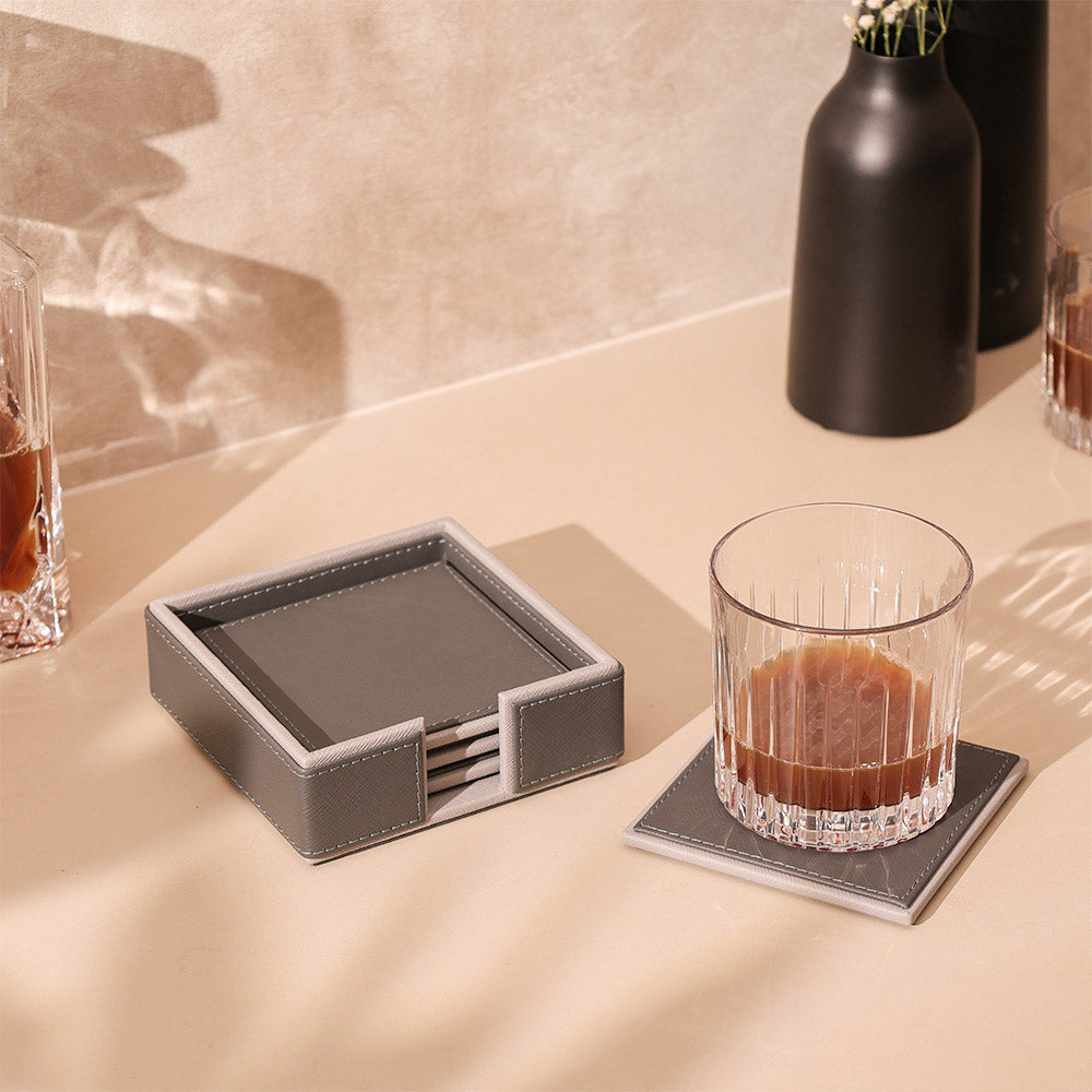 Espra Square Coasters with Holder, Set of 4 - Dark Grey