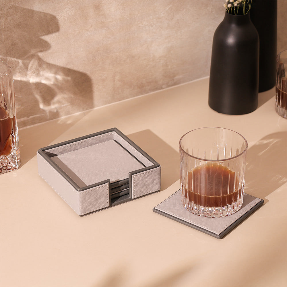Espra Square Coasters with Holder, Set of 4 - Light Grey