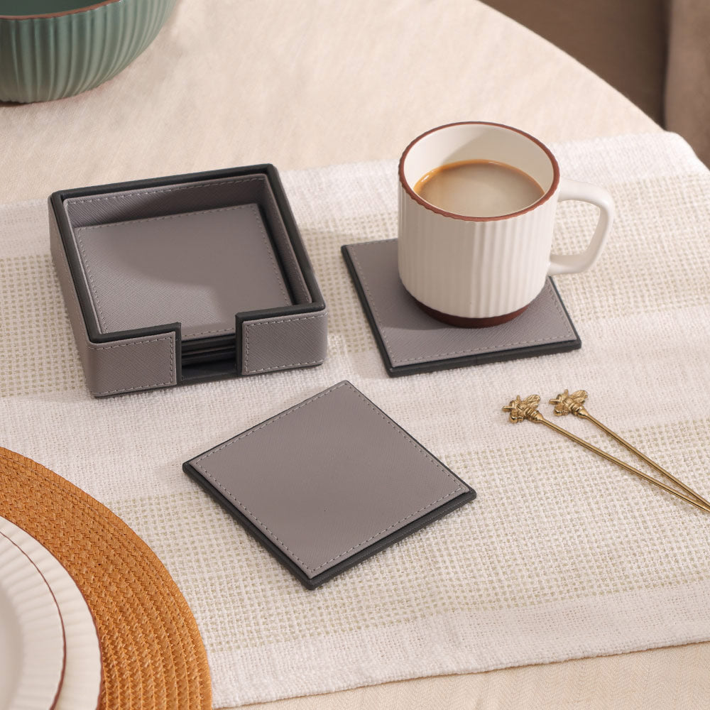 Espra Square Coasters with Holder, Set of 4 - Light Grey