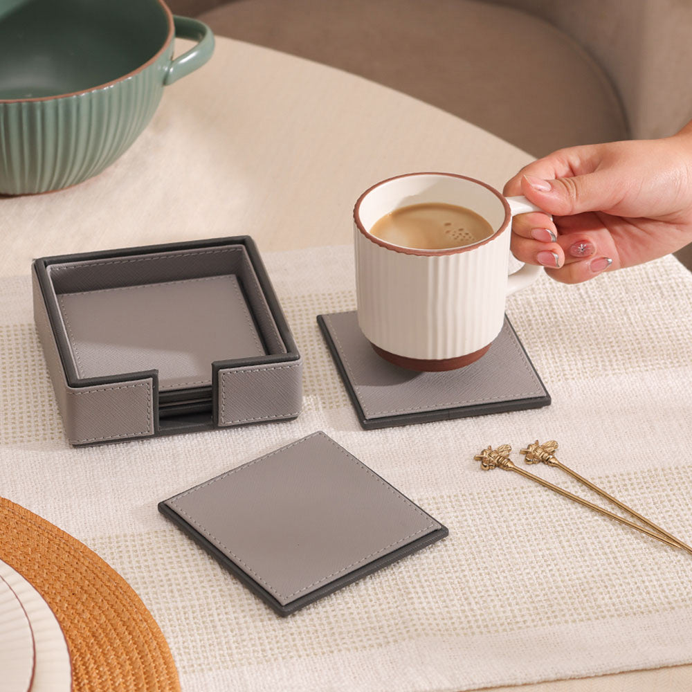 Espra Square Coasters with Holder, Set of 4 - Light Grey