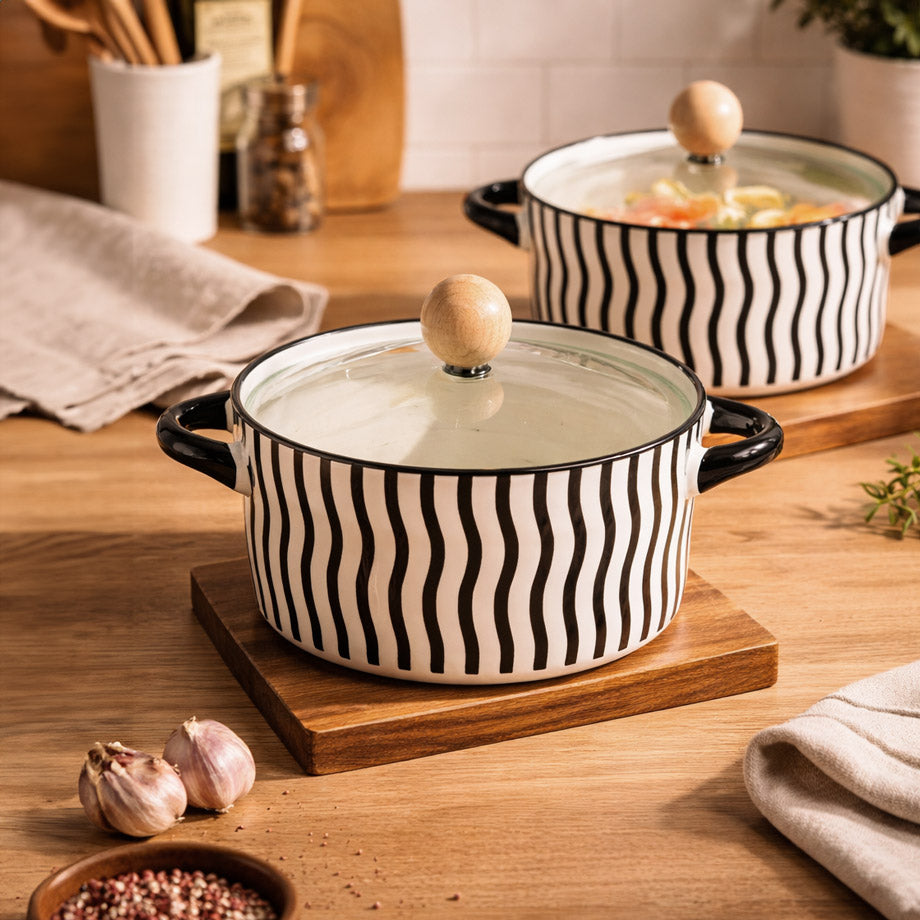 Eva Ceramic Serving Pot with Glass Lid - Black Lines