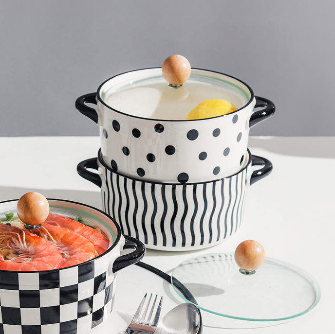 Eva Ceramic Serving Pot with Glass Lid - Black Lines