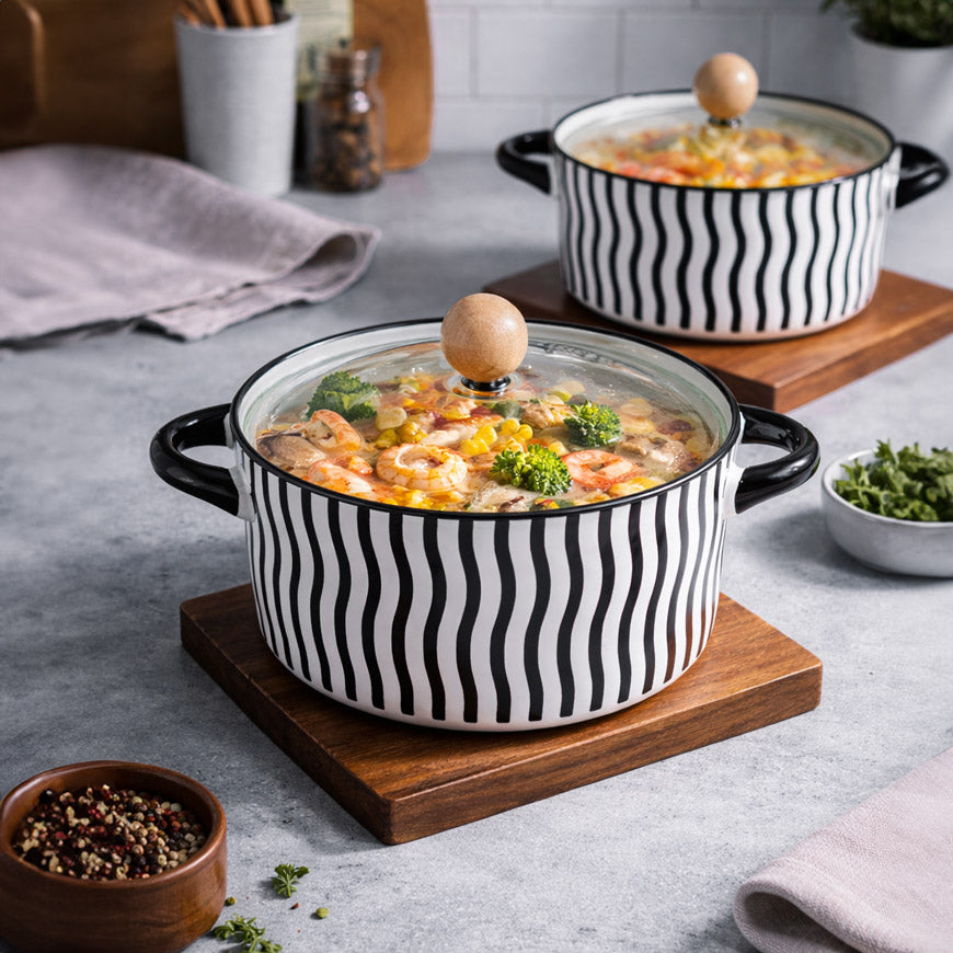 Eva Ceramic Serving Pot with Glass Lid - Black Lines