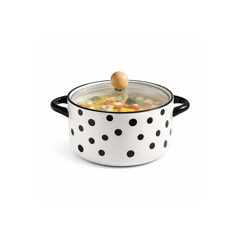 Eva Ceramic Serving Pot with Glass Lid - Black Polka