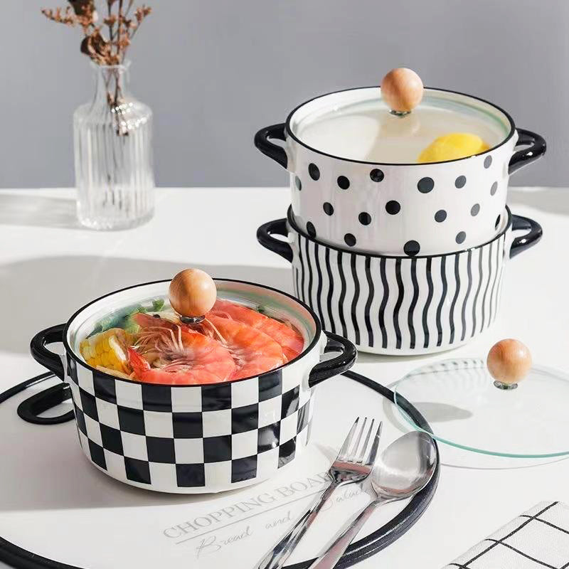 Eva Ceramic Serving Pot with Glass Lid - Black Polka