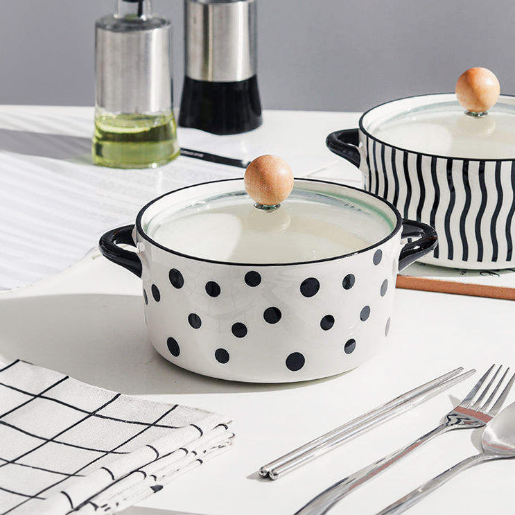 Eva Ceramic Serving Pot with Glass Lid - Black Polka