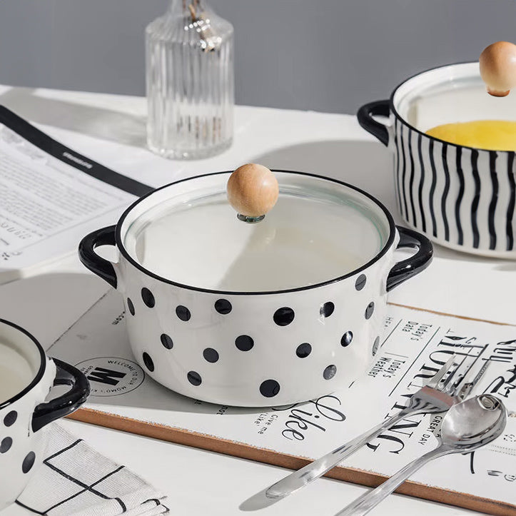 Eva Ceramic Serving Pot with Glass Lid - Black Polka