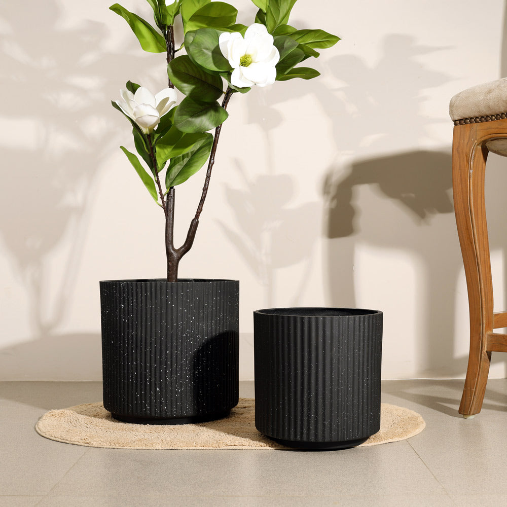 Zena Barrel Planters, Set of 2 - Speckled Black