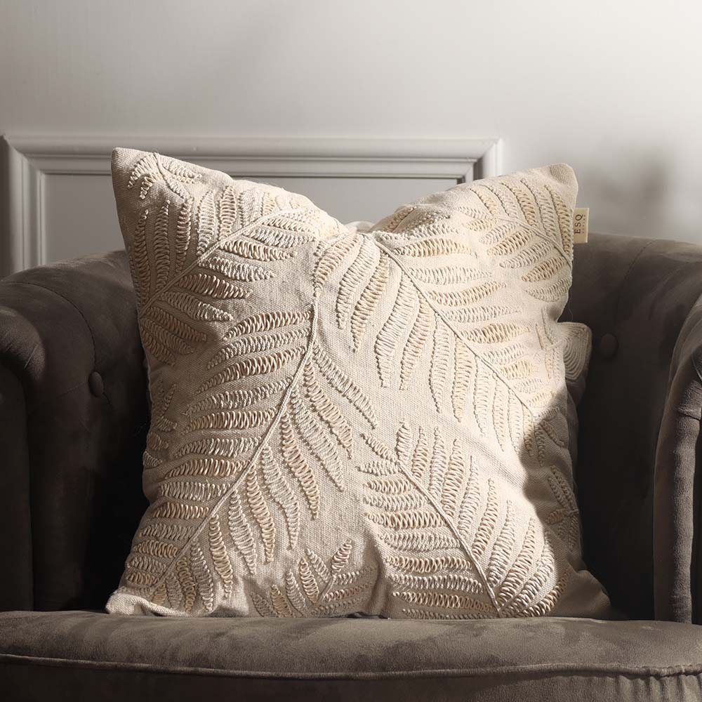 Fern Embroidered Cotton Cushion Cover 45x45cm - Beige