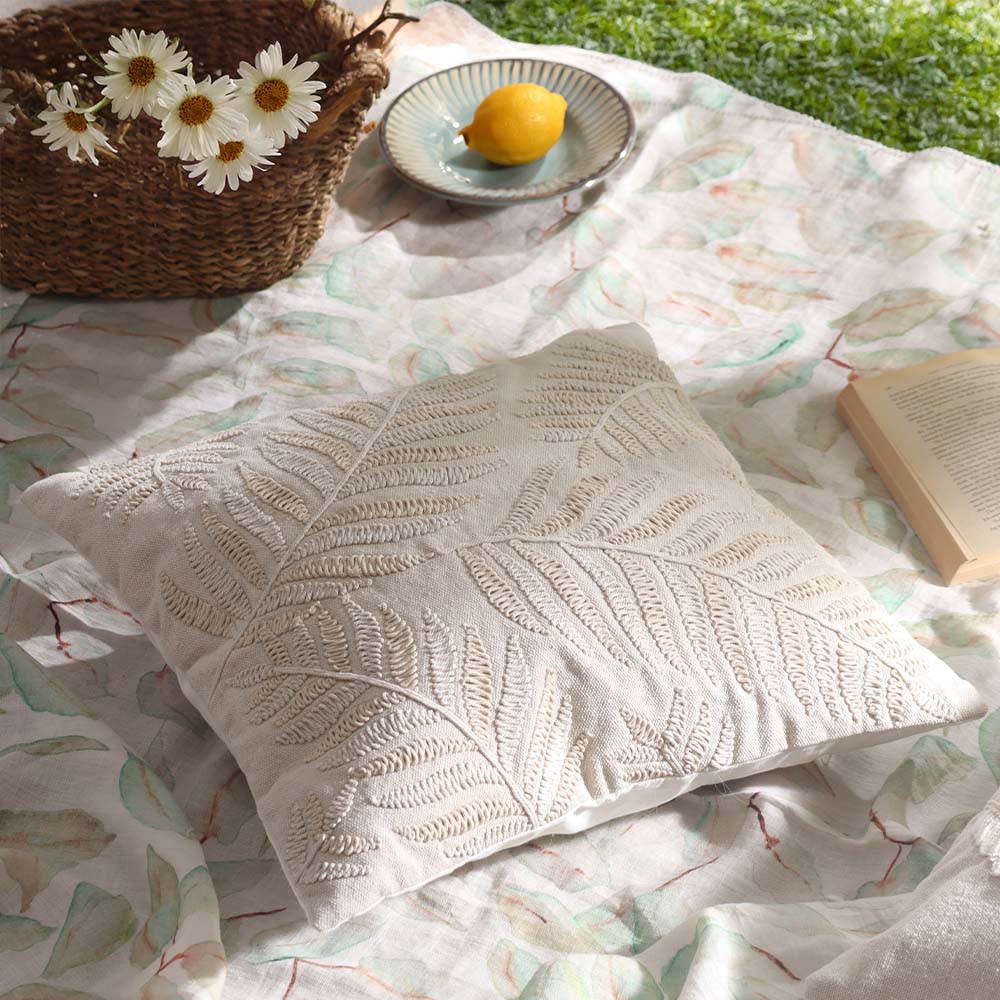 Fern Embroidered Cotton Cushion Cover 45x45cm - Beige
