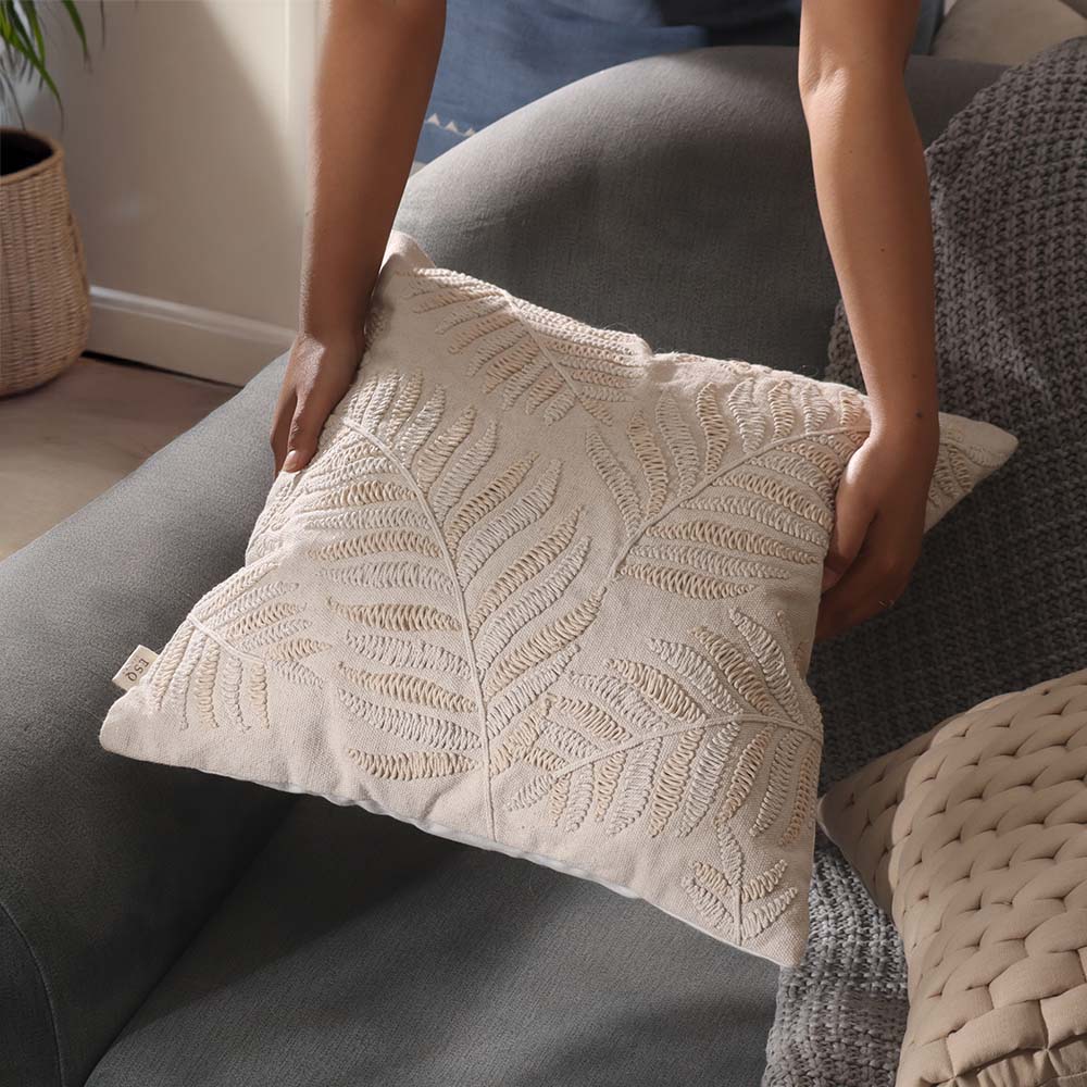 Fern Embroidered Cotton Cushion Cover 45x45cm - Beige