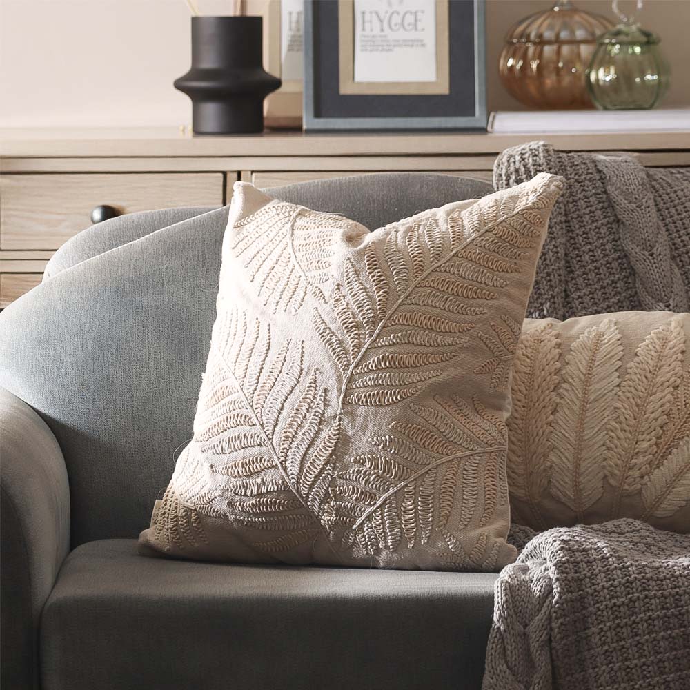 Fern Embroidered Cotton Cushion Cover 45x45cm - Beige