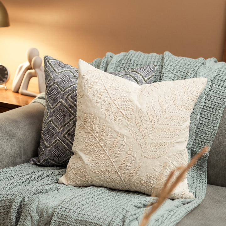 Fern Embroidered Cotton Cushion Cover 45x45cm - Beige