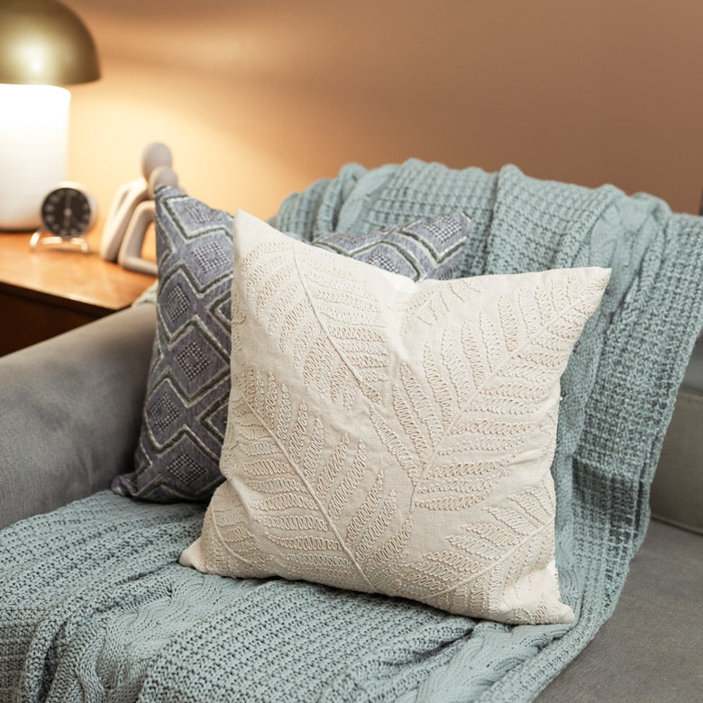 Fern Embroidered Cotton Cushion Cover 45x45cm - Beige